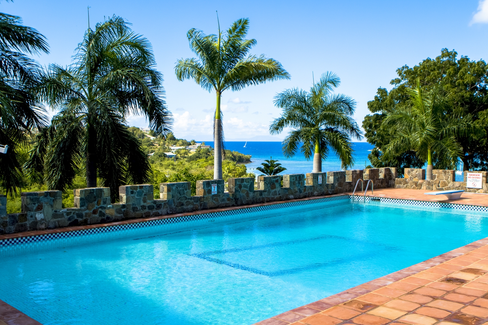 Pool and pool area with diving board, palm trees and sea view at St Anne’s Point in Antigua, the Caribbean