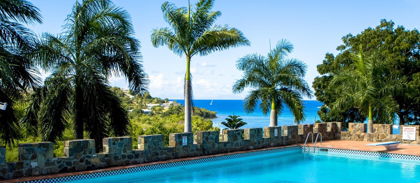 Pool and pool area with diving board, palm trees and sea view at St Anne’s Point in Antigua, the Caribbean