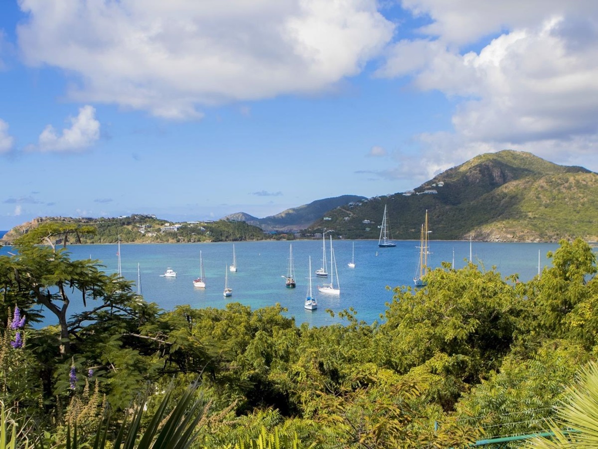 View of harbour and yachts from St Anne’s Point in Antigua, the Caribbean