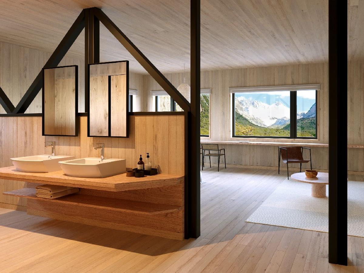 Bathroom of a guest suite at Explora El Chalten in Patagonia Argentina