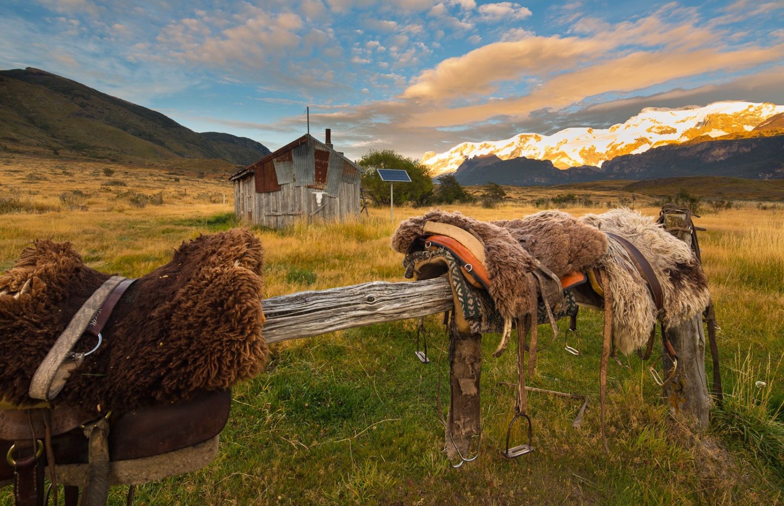 Gaucho saddles with rolling green hills during sunset at Nibepo Aike, Patagonia Argentina