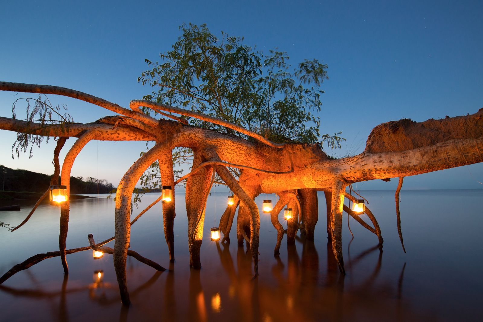 Lit up lagoon at Puerto Valle Hotel de Esteros on the Ibera Wetlands in Argentina