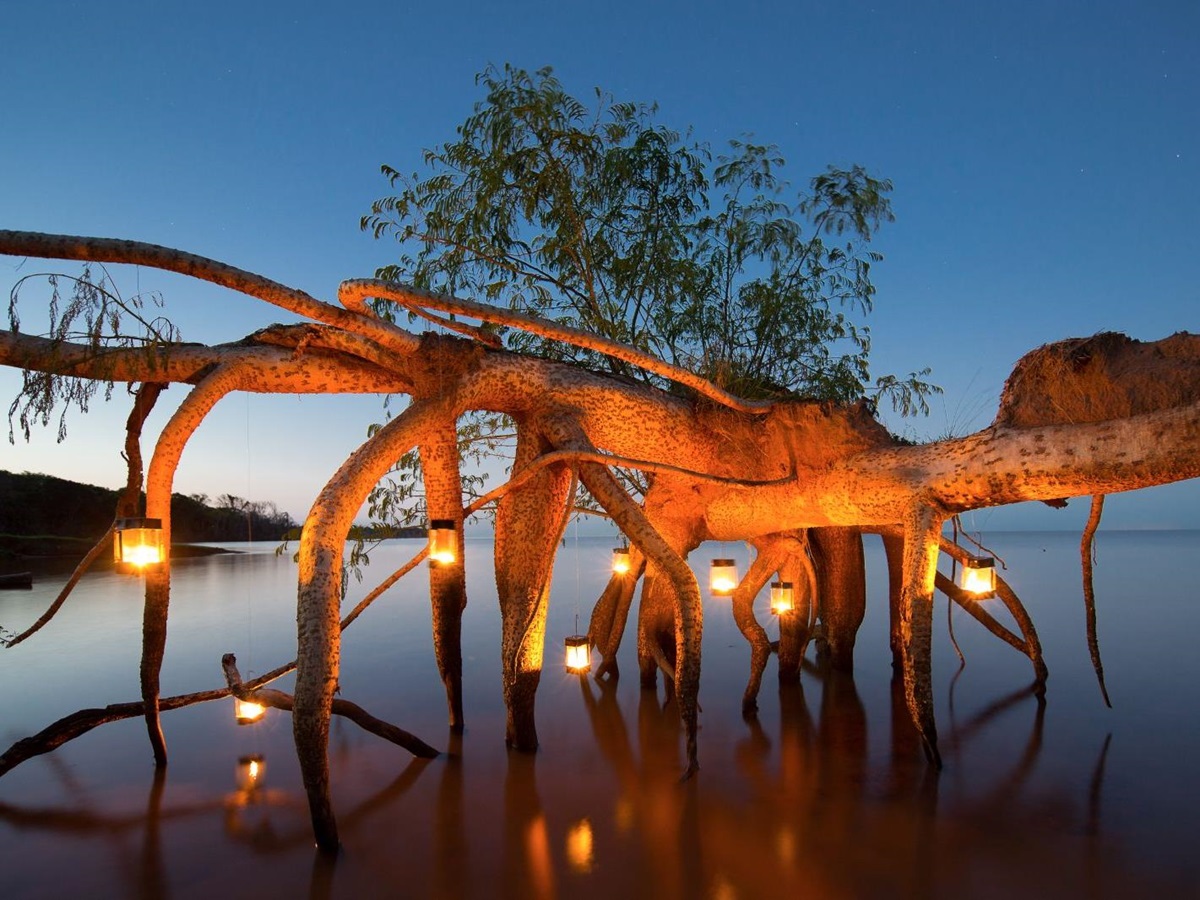 Lit up lagoon at Puerto Valle Hotel de Esteros on the Ibera Wetlands in Argentina