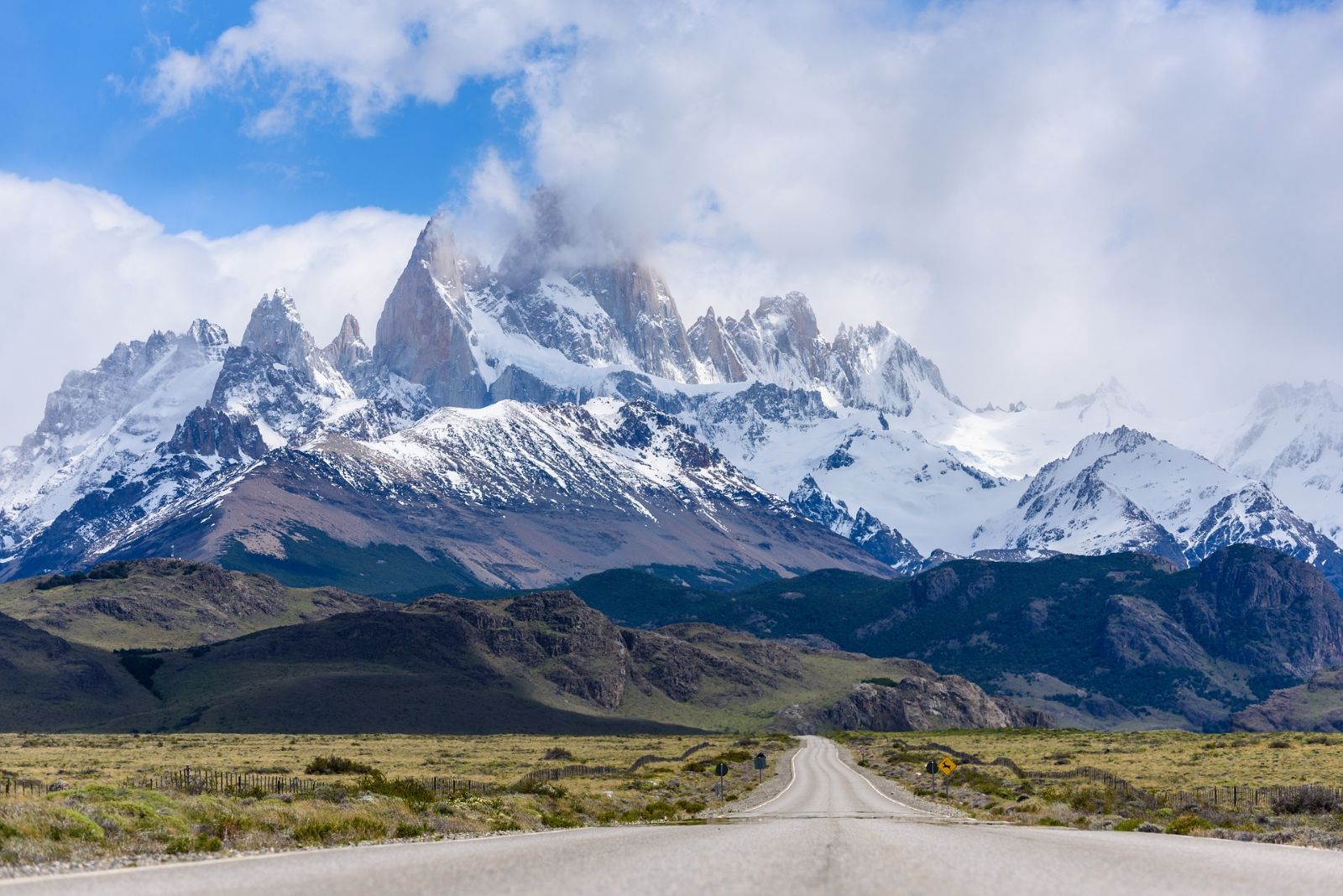 Ground-level view of Los Glaciares National Park with large open road, Patagonia, Argentina