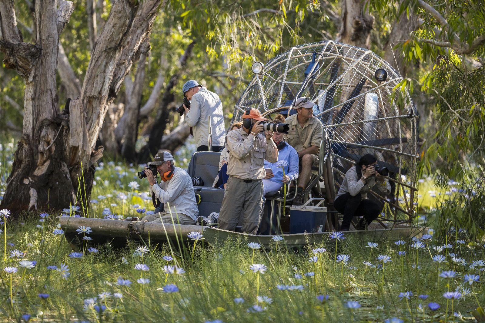 Guests on a hoverboat safari from Bamurru Plains in Northern Australia