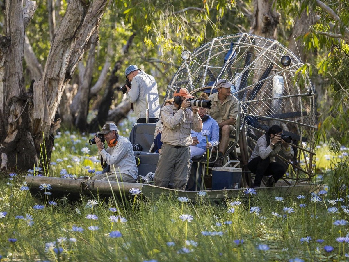Guests on a hoverboat safari from Bamurru Plains in Northern Australia