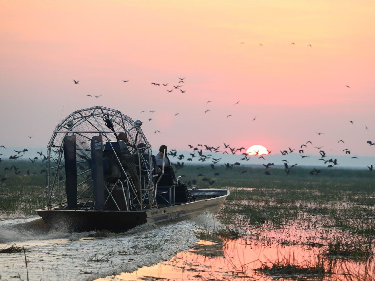 Guests enjoying a hoverboat ride at sunset from Bamurru Plains in Northern Australia