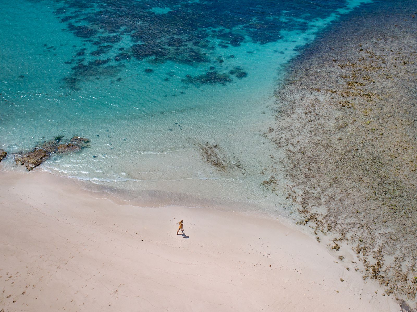 stunning aerial view of white sandy beach and clear blue sea on Lord Howe Island in luxury Capella Lodge in Australia
