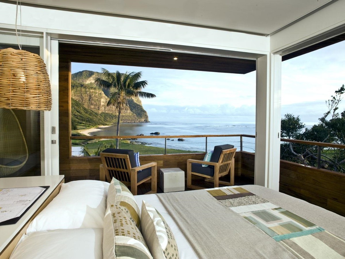 beautiful panoramic sea view of Lord Howe Island from lidgbird pavillion bedroom with balcony in luxury Capella Lodge in Australia