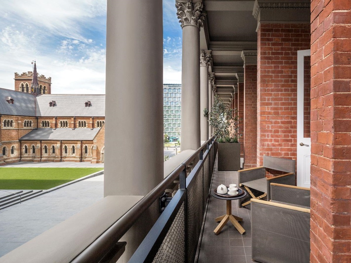 Characterful red brick balcony at COMO The Treasury hotel in Perth Australia