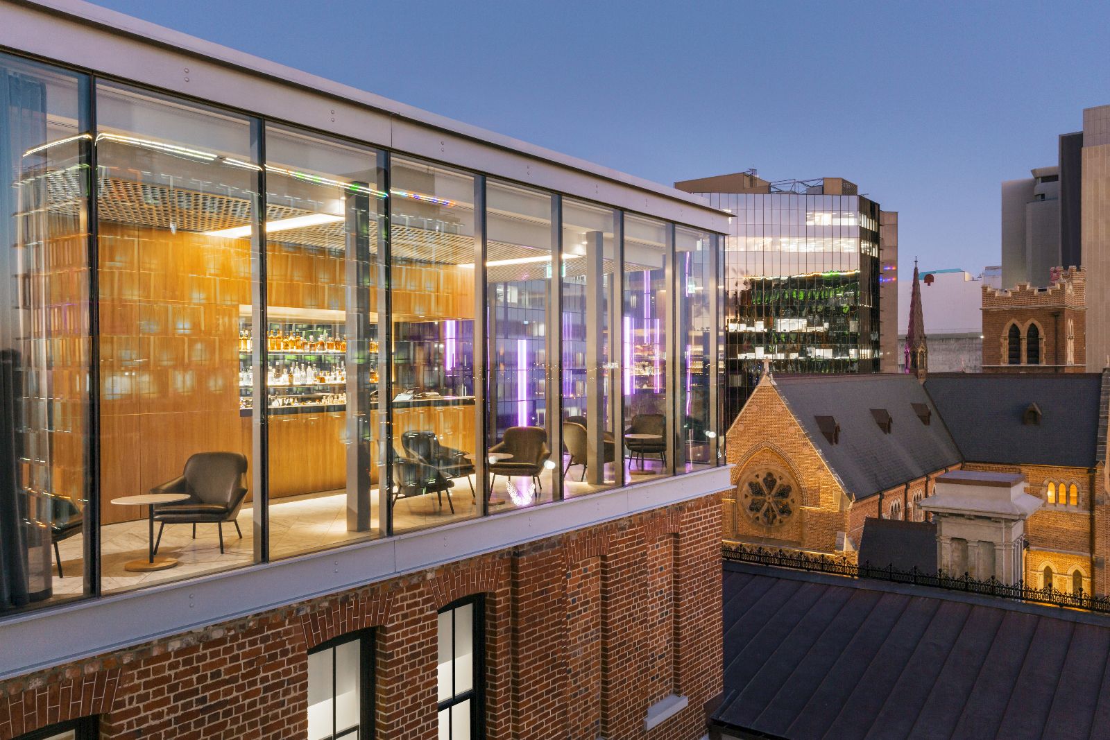 Glass fronted Wildflower restaurant at COMO The Treasury hotel in Perth Australia