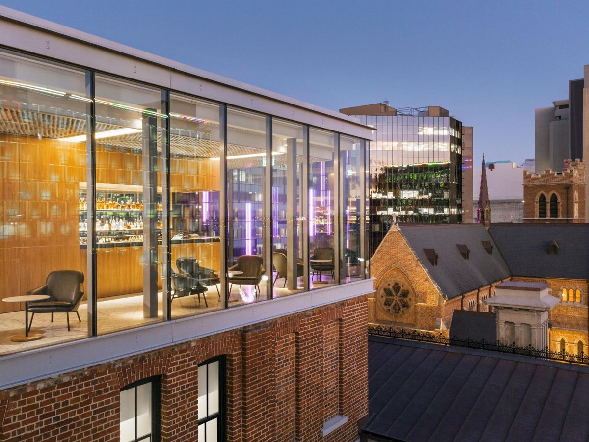 Glass fronted Wildflower restaurant at COMO The Treasury hotel in Perth Australia