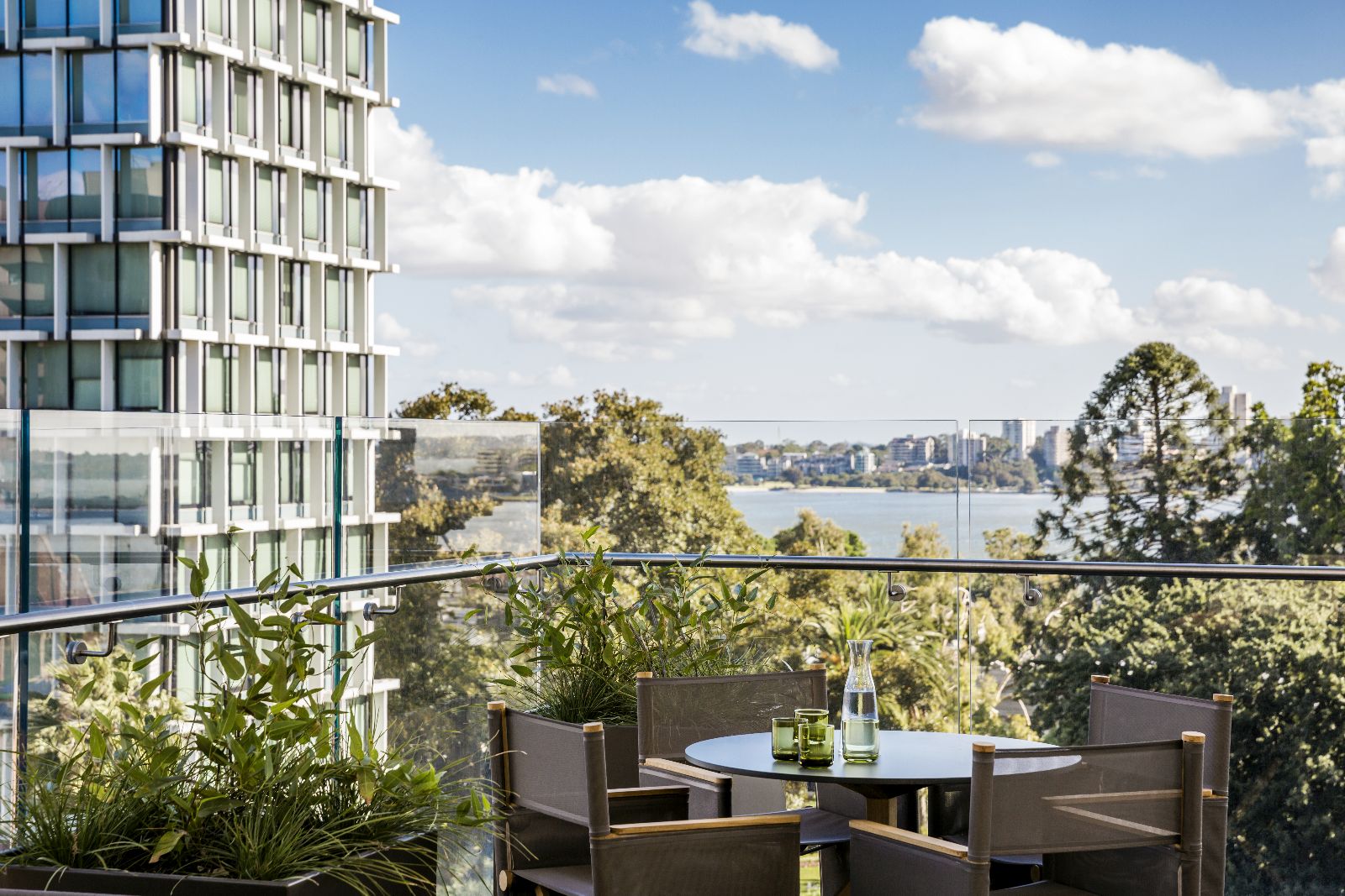 City views from the restaurant terrace at COMO The Treasury hotel in Perth Australia