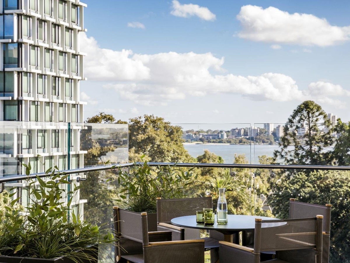 City views from the restaurant terrace at COMO The Treasury hotel in Perth Australia