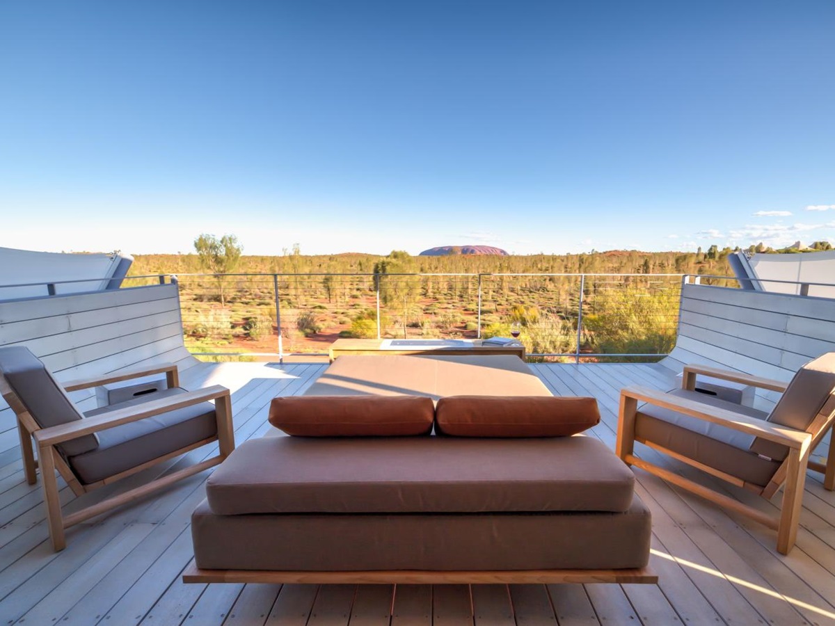 Ayers rock view from tent balcony at Longitude 131 camp in Australia