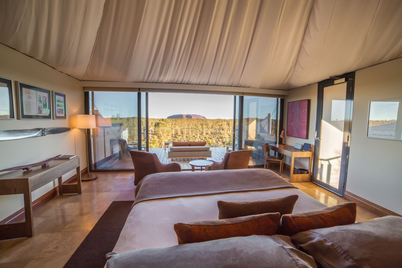Tent interior and Ayers Rock view at Longitude 131 luxury camp in Australia
