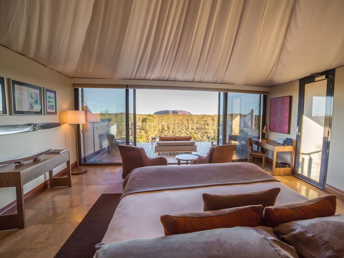Tent interior and Ayers Rock view at Longitude 131 luxury camp in Australia