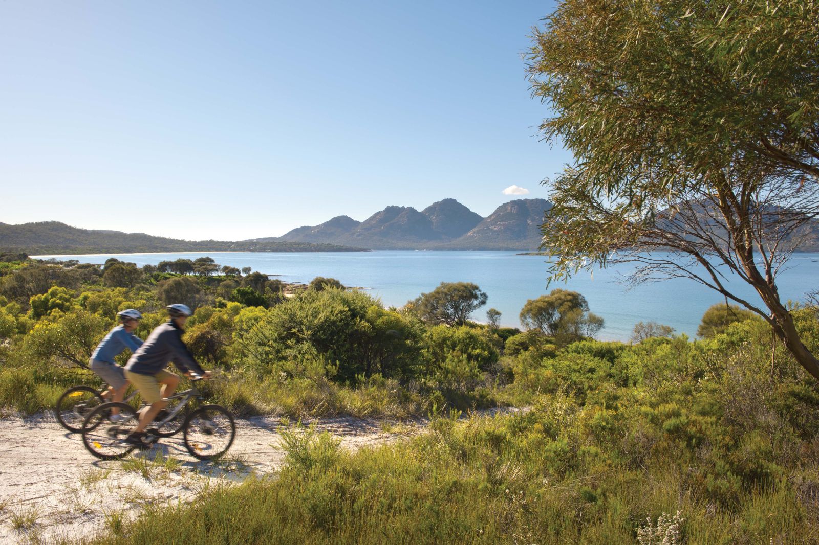 Two cyclists at Freycinet Peninsula, near Saffire Freycinet, Tasmania Australia