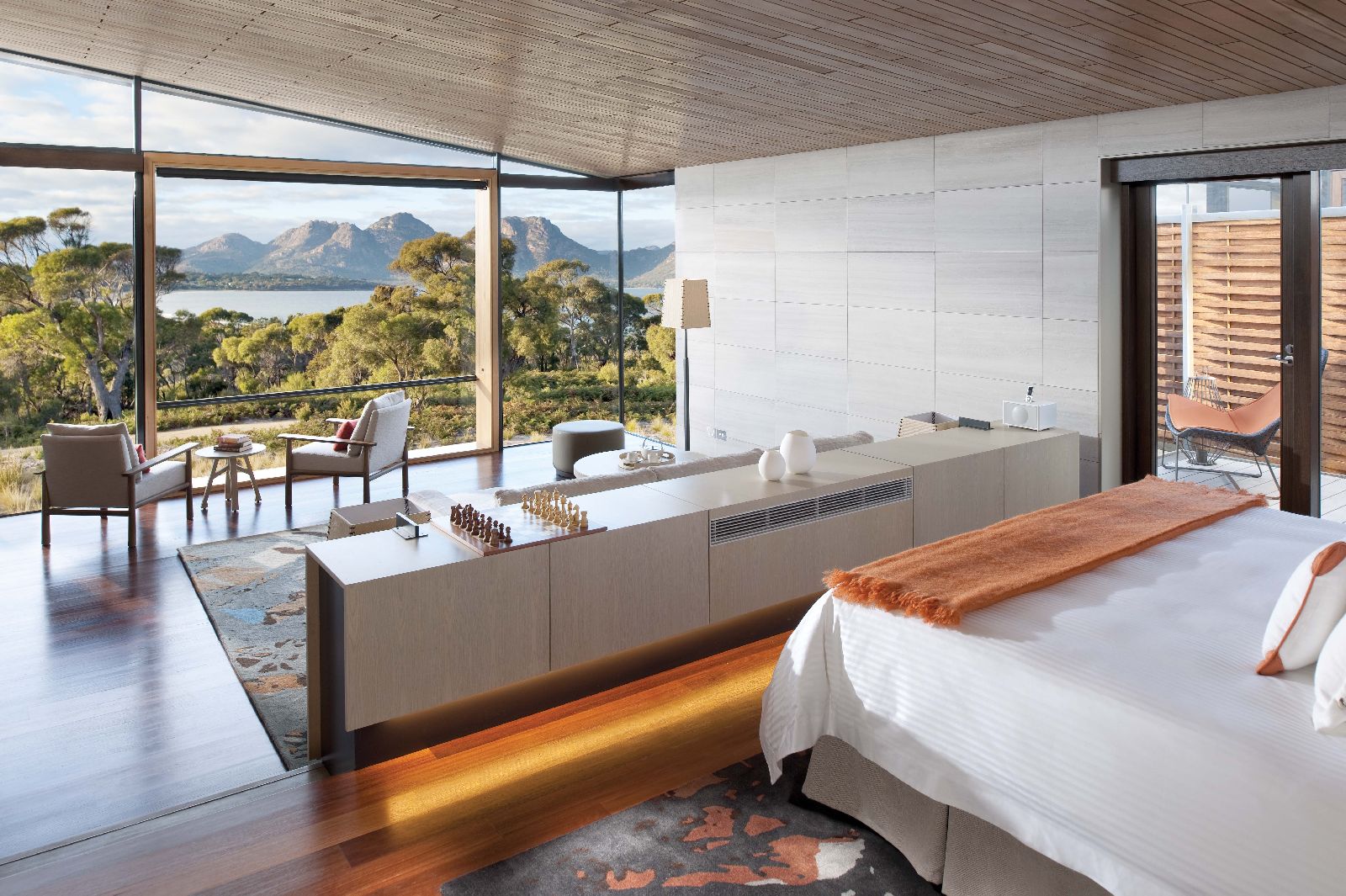 A suite with views of the Hazards Mountains at the Saffire Freycinet hotel in Tasmania