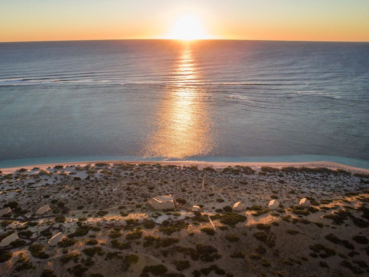 Aerial view of the tents and ocean at Sal Salis luxury camp in Western Australia