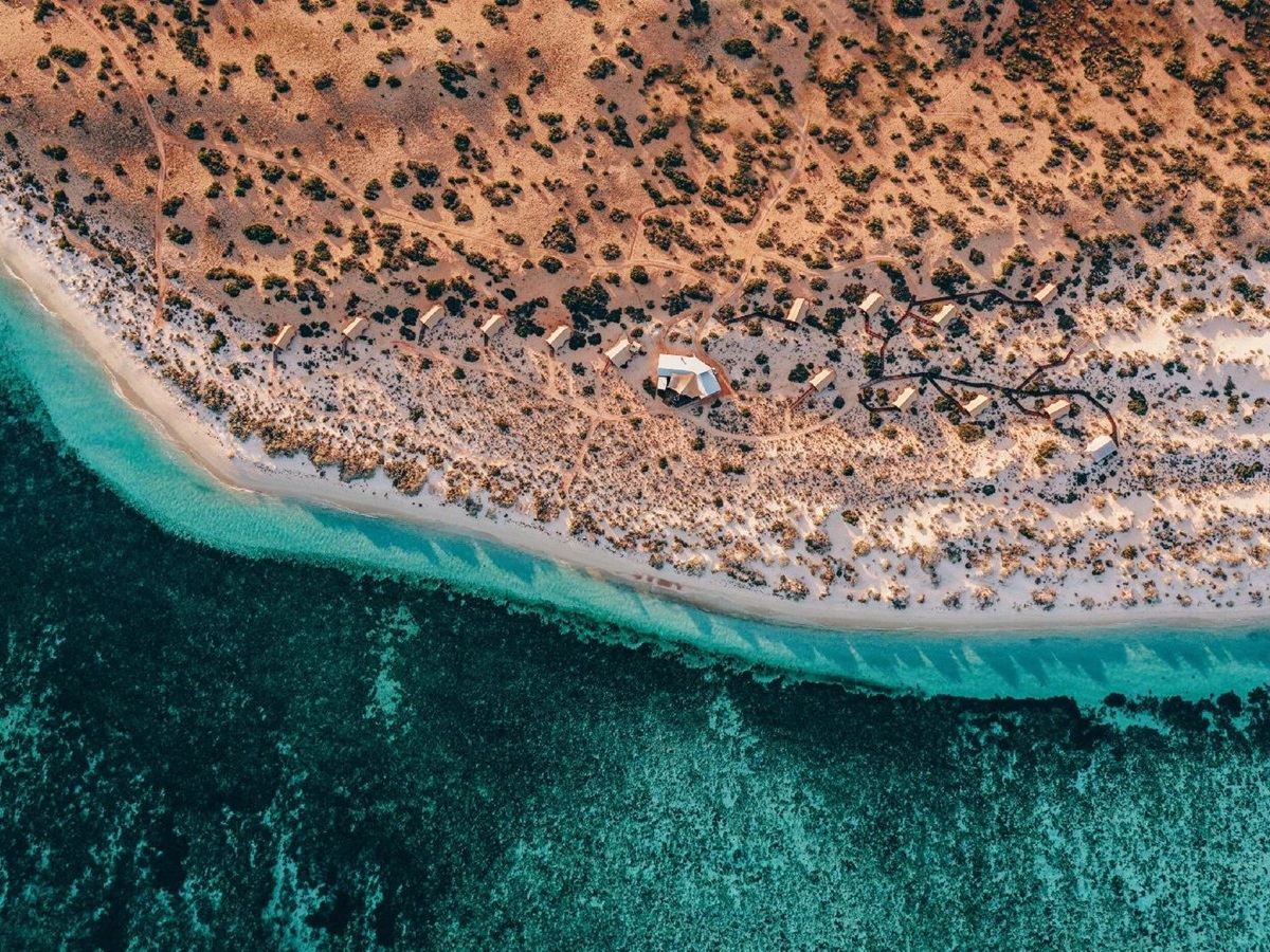 Aerial view of the camp and Ningaloo Reef at Sal Salis luxury camp in Western Australia
