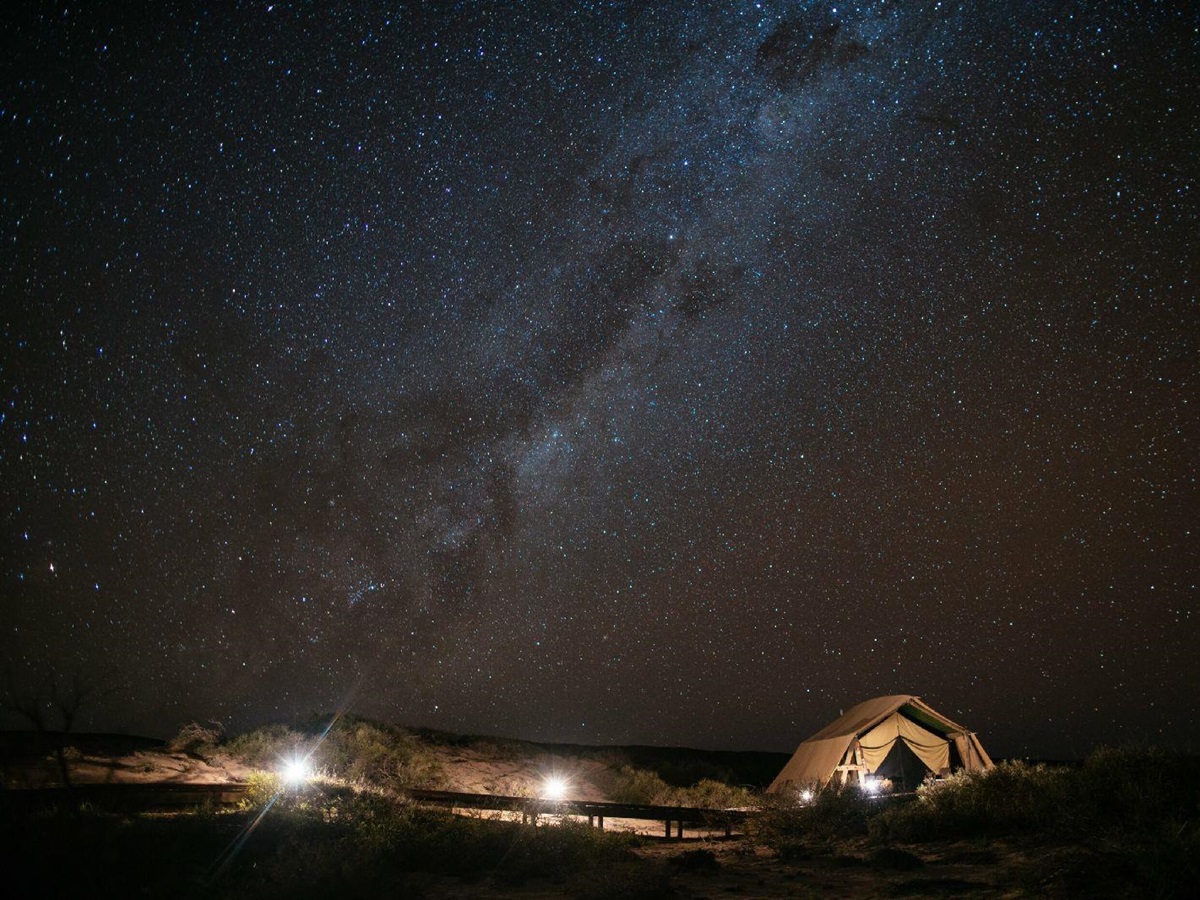 A tent at Sal Salis luxury camp in Western Australia under a starry night sky