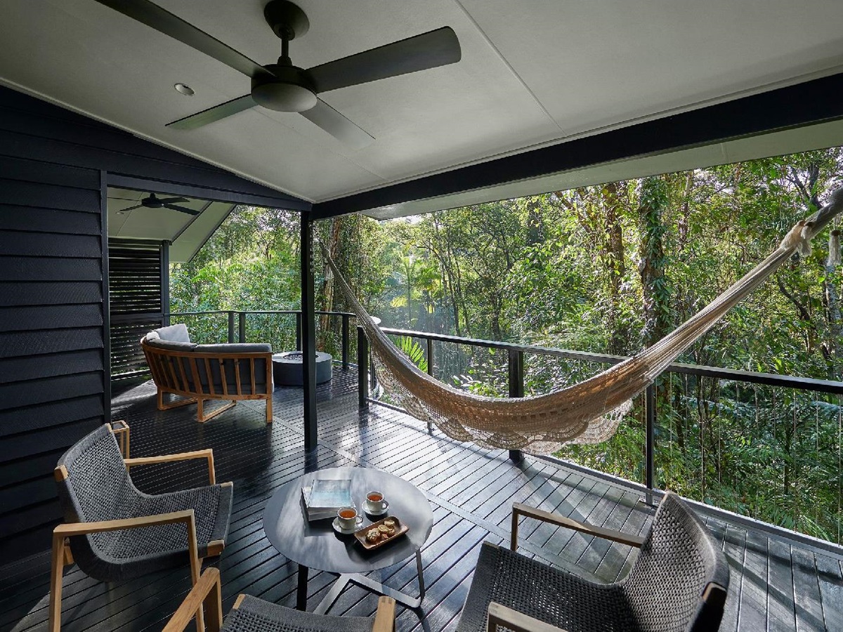 Private balcony and hammock of a Billabong Suite at Silky Oaks Daintree Australia