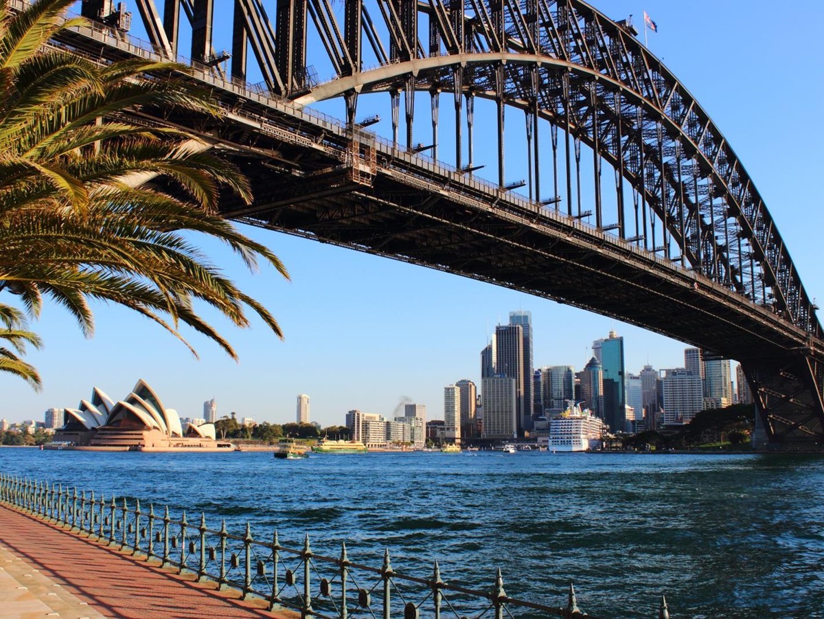 Looking up at Sydney Harbour Bridge with the Sydney Opera House in the background