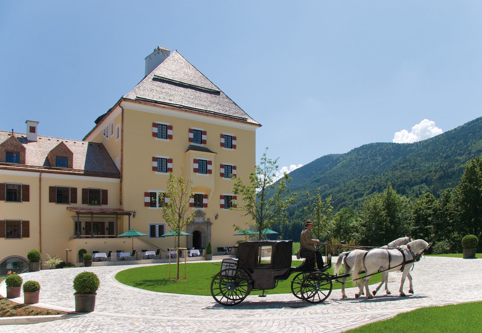 The entrance to the Schloss Fuschl hotel in Austria 