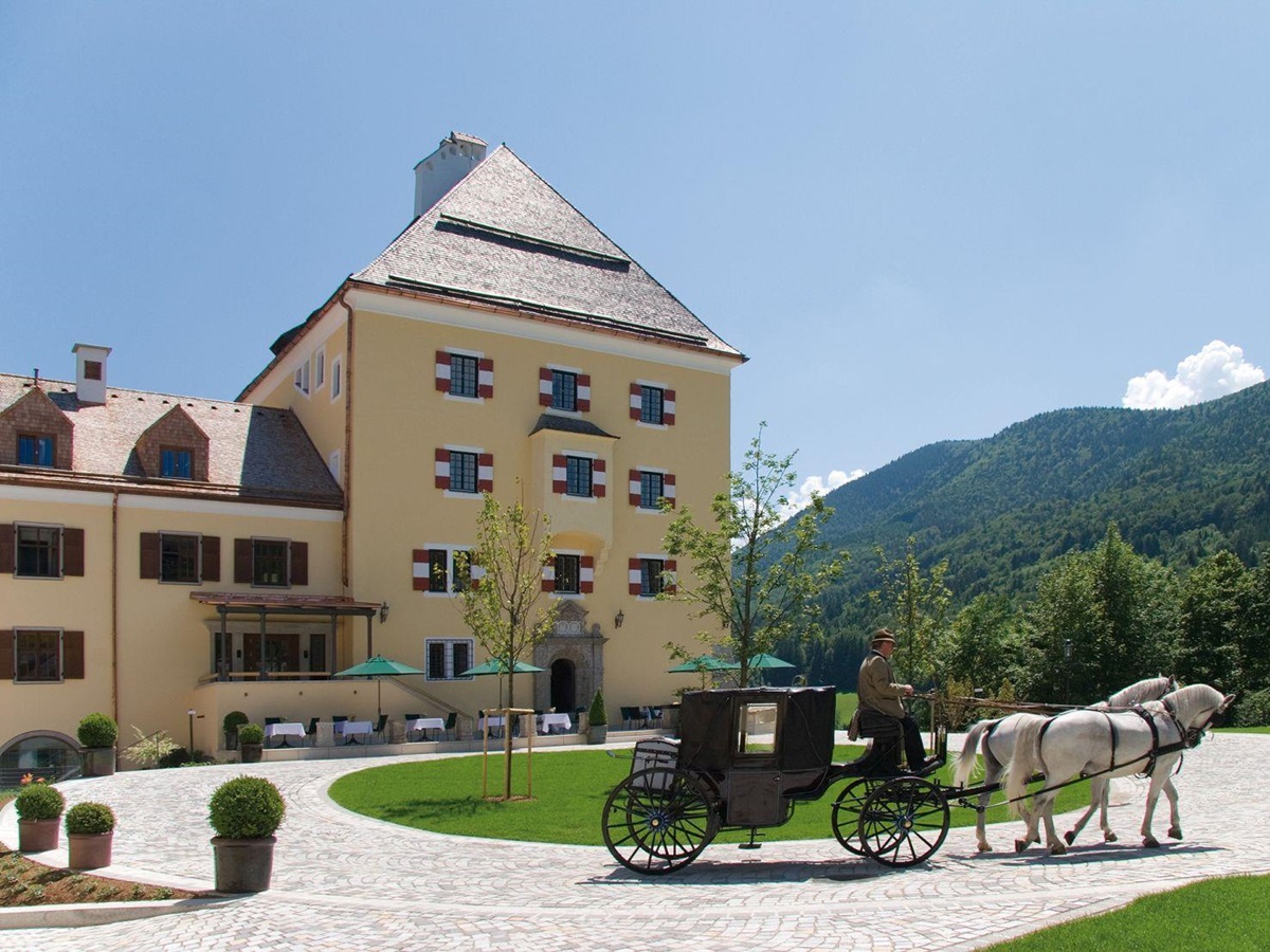 The entrance to the Schloss Fuschl hotel in Austria