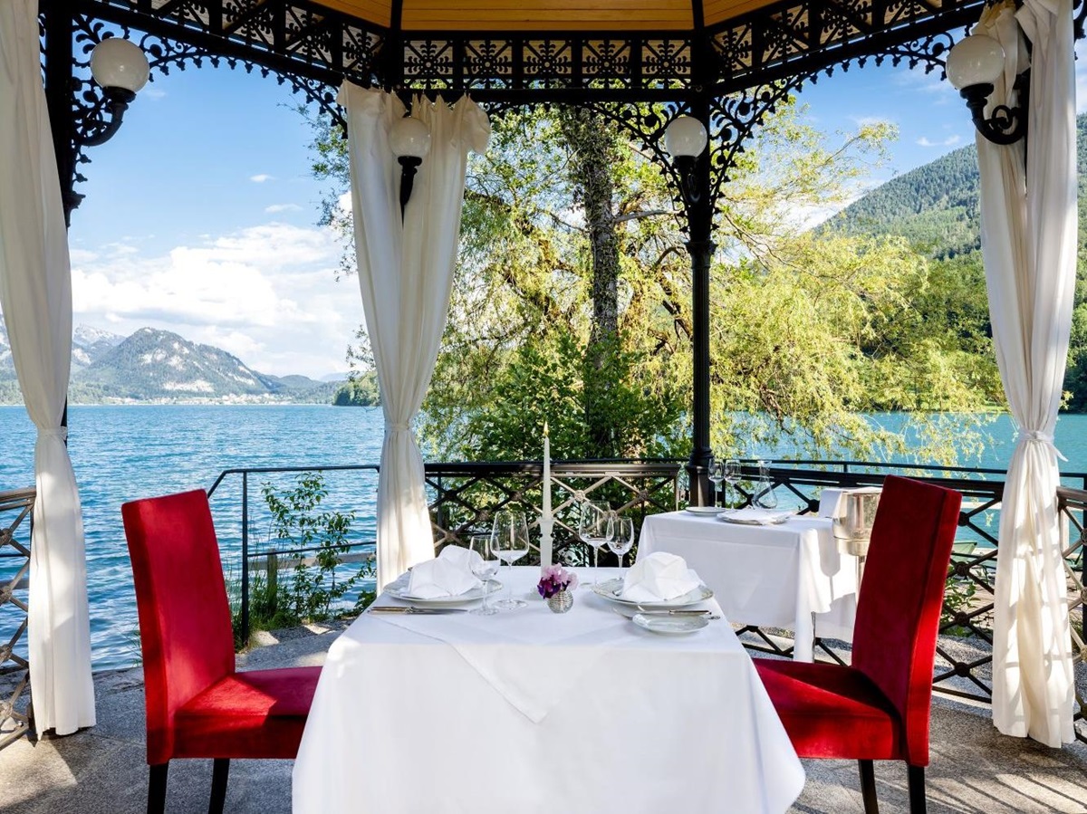Lakefront dining at the Schloss Fuschl hotel in Austria