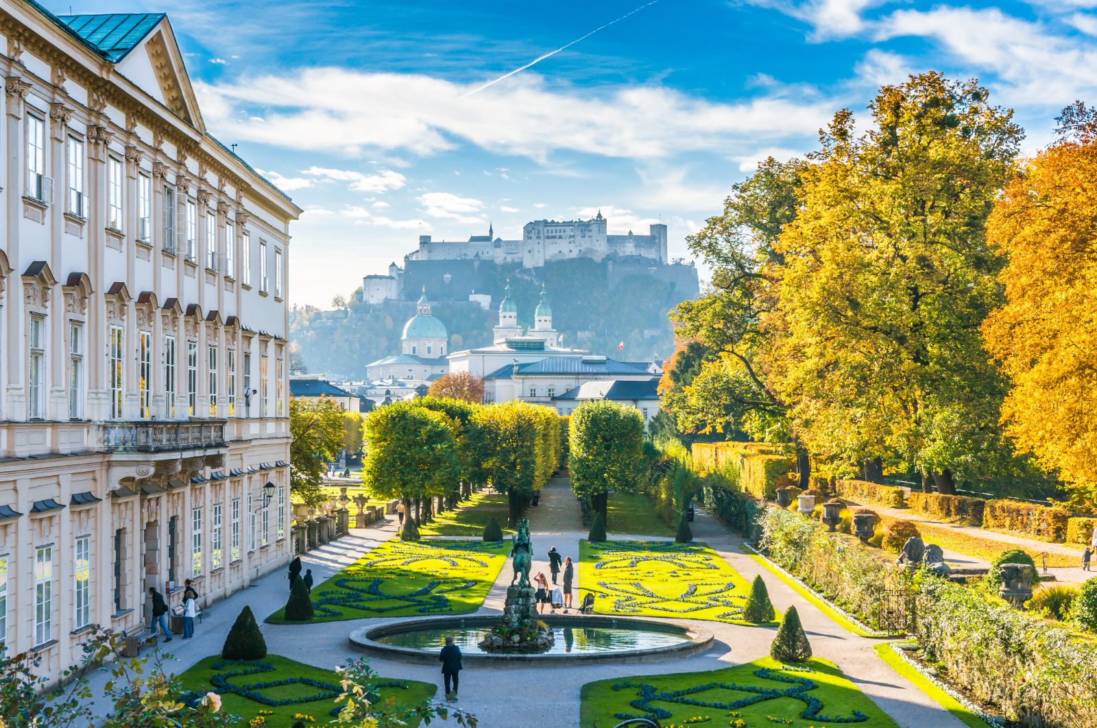 Mirabell Gardens with views of Hohensalzburg fotress in Salzburg. Austria