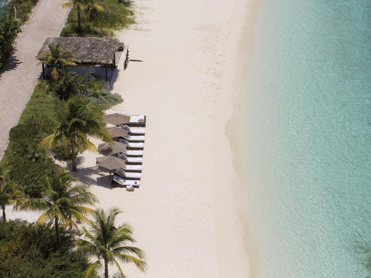 An aerial view of the beach at Over Yonder Cay