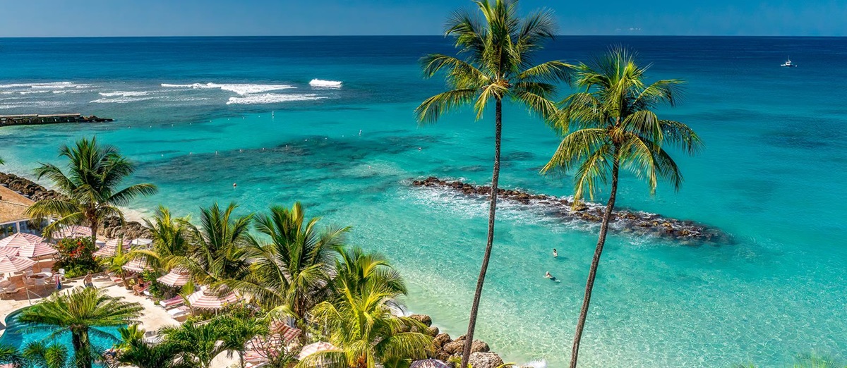 Aerial view of the beach and ocean at Cobbler's Cove in Barbados