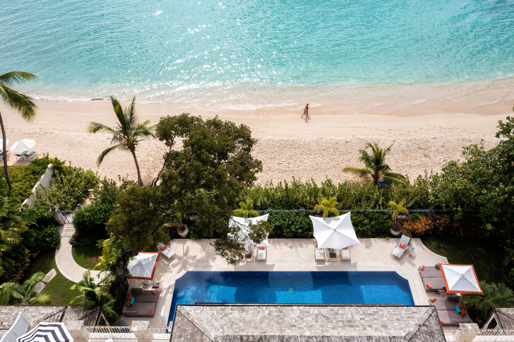 Aerial view of pool and beach at Kiko in Barbados