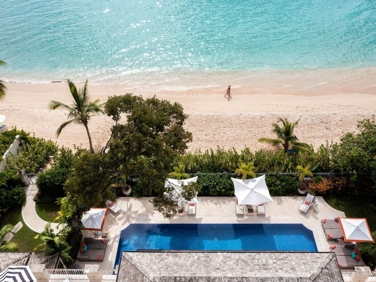 Aerial view of pool and beach at Kiko in Barbados