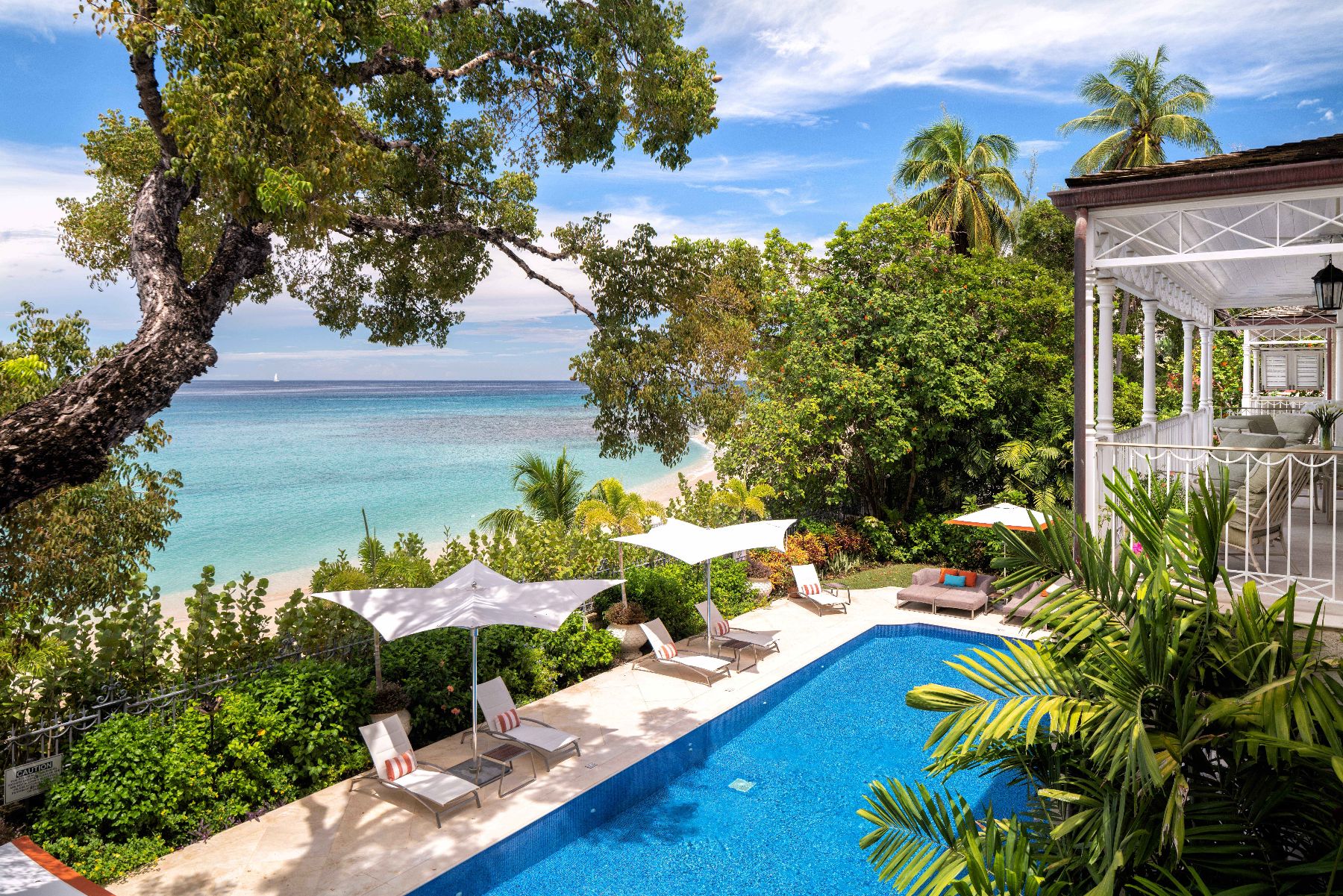 Aerial view of pool with beach in the background at Kiko in Barbados