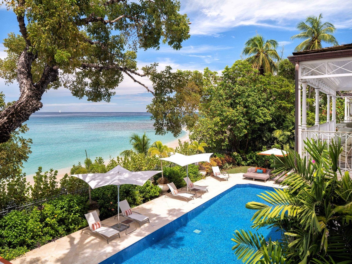 Aerial view of pool with beach in the background at Kiko in Barbados