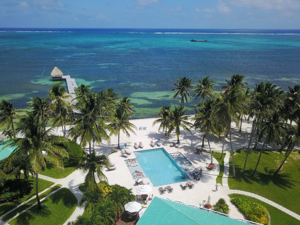 Aerial view of Victoria House resort on Ambergris Caye Belize