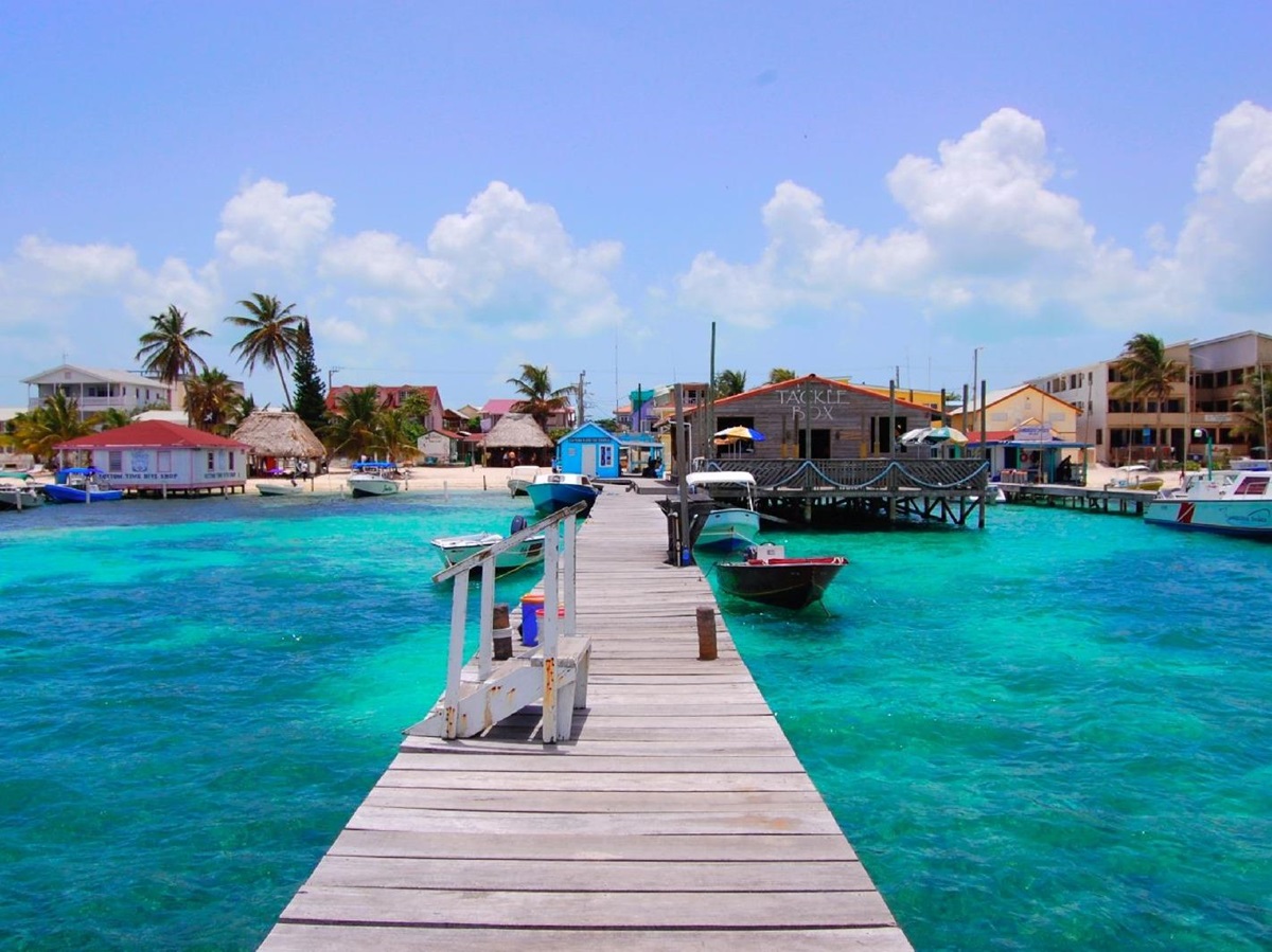 Pier and the lively town of San Pedro on Ambergris Caye in Belize