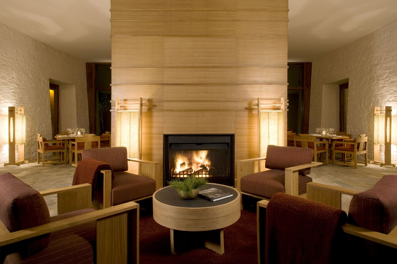Cosy lounge and fireplace at the Amankora Bumthang lodge in Bhutan