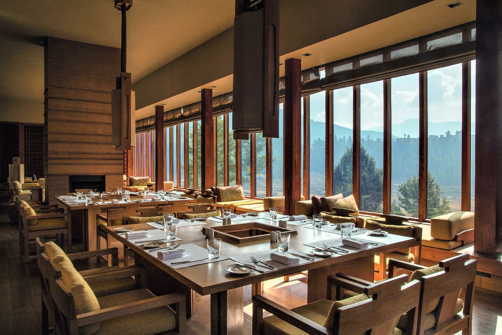 Dining room and striking views at the Amankora Gangtey in Bhutan