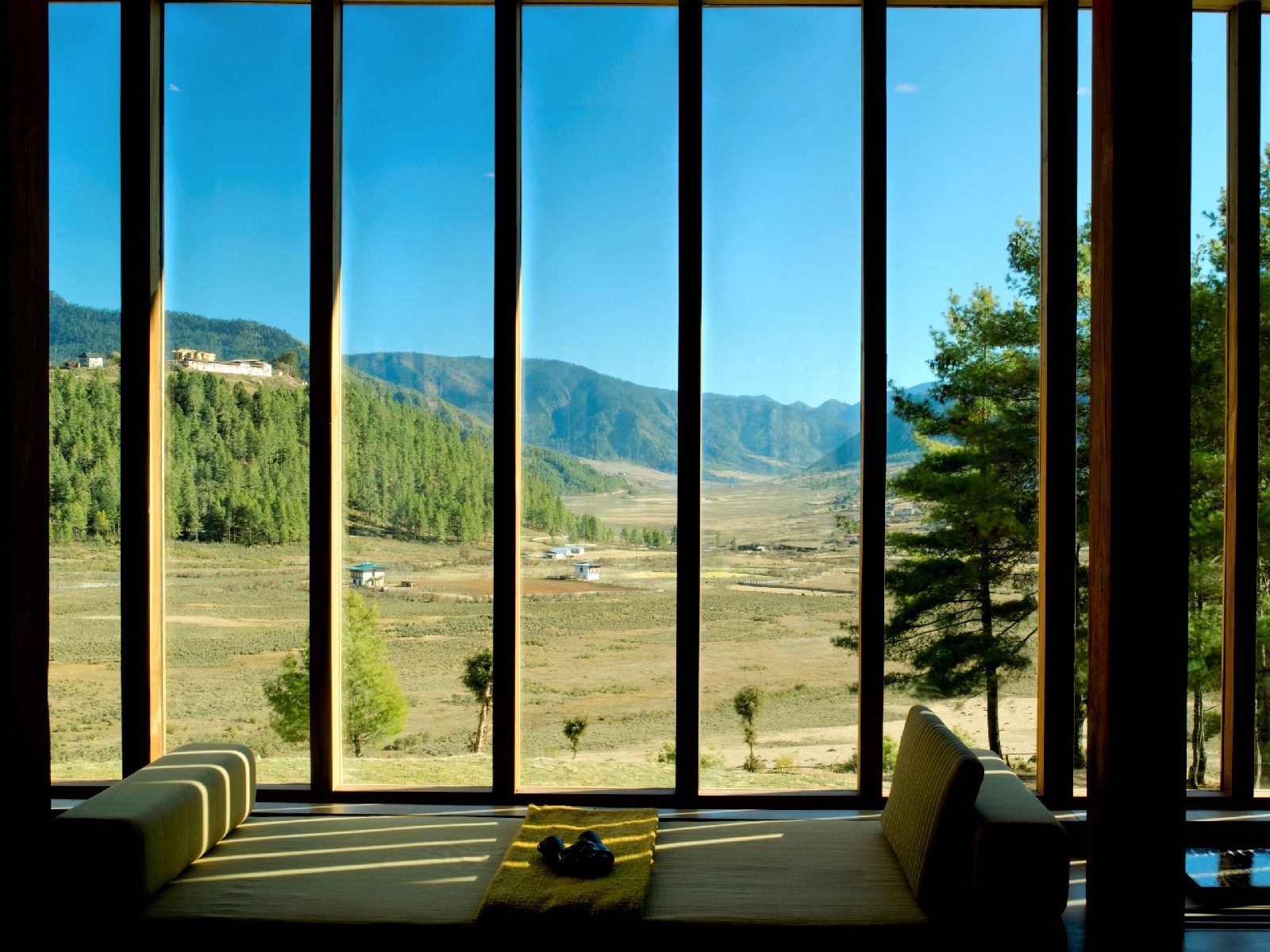 Panoramic views from the lounge at the Amankora Gangtey in Bhutan