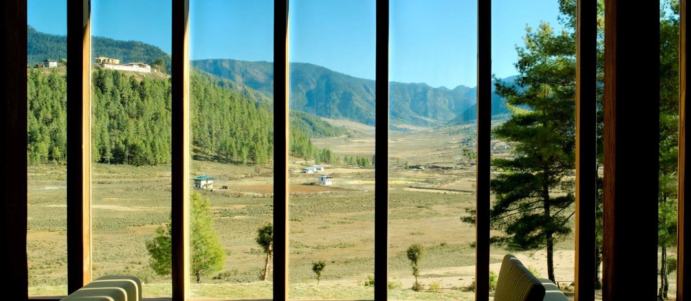 Panoramic views from the lounge at the Amankora Gangtey in Bhutan
