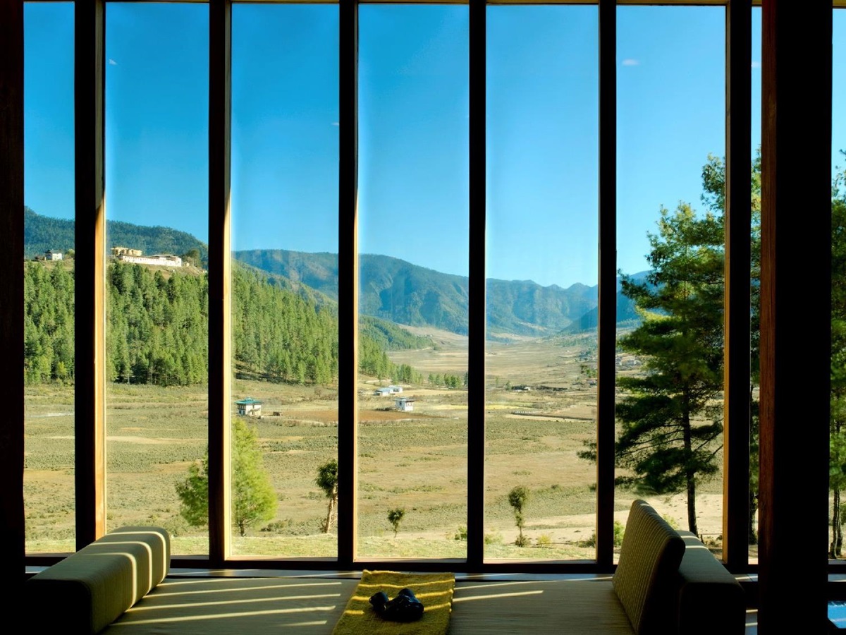 Panoramic views from the lounge at the Amankora Gangtey in Bhutan