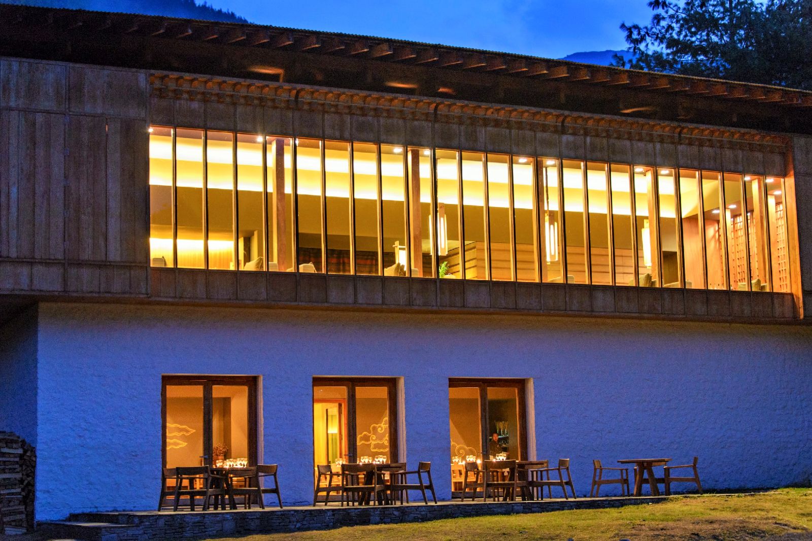 Exterior view of luxury hotel Amankora Paro at night in Bhutan