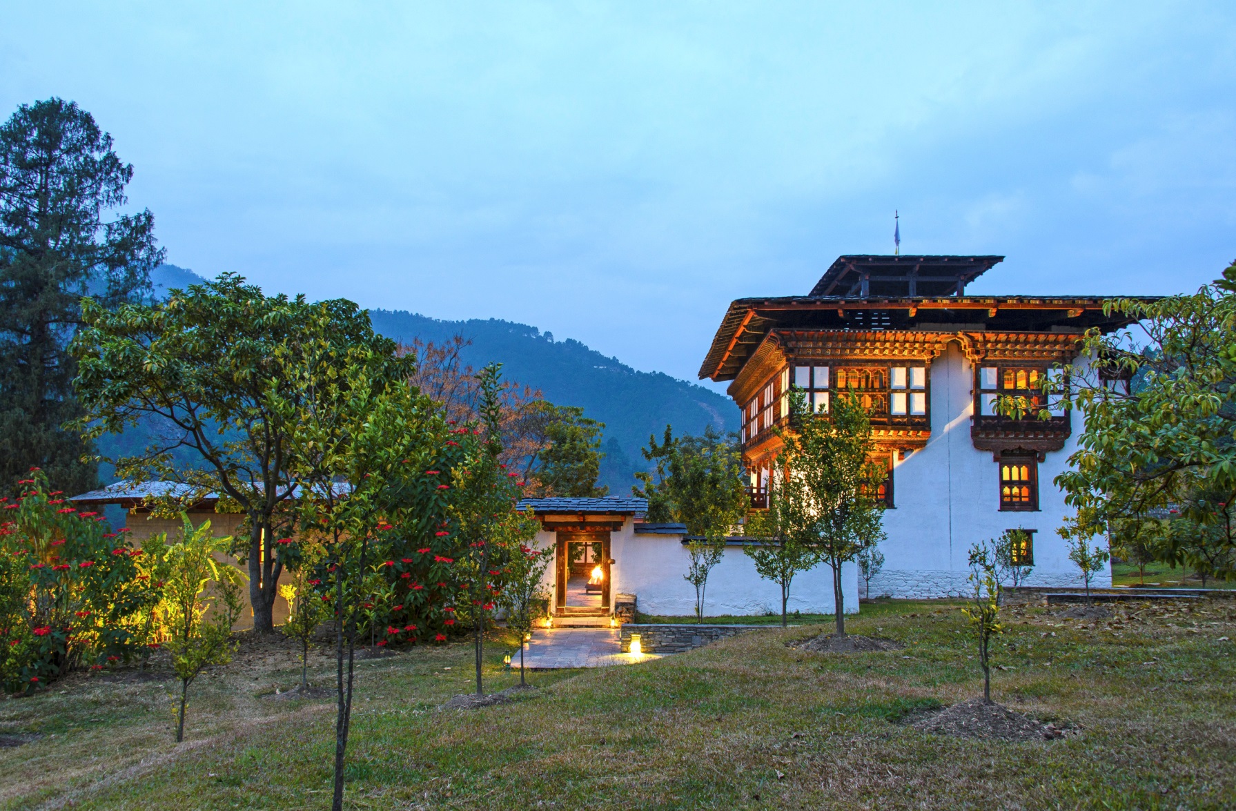 The exteriors at night of Amankora Punakha, Bhutan