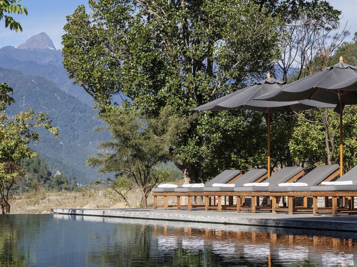 Outdoor swimming pool at Amankora Punakha in Bhutan