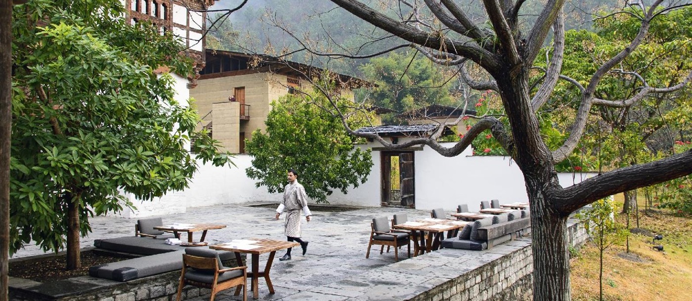 Outdoor dining terrace at Amankora Punakha in Bhutan