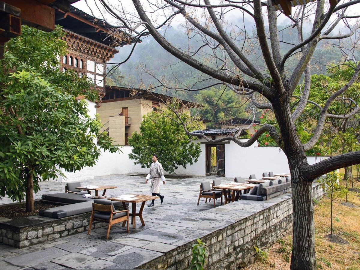 Outdoor dining terrace at Amankora Punakha in Bhutan